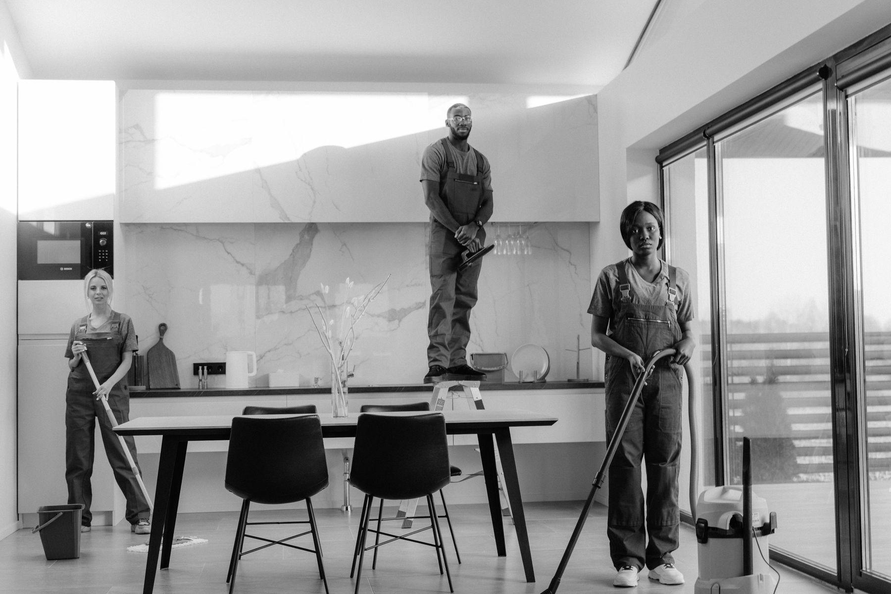 Professional cleaning team working in a modern home