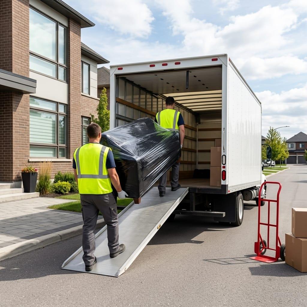 Professional movers loading protected furniture into a moving truck